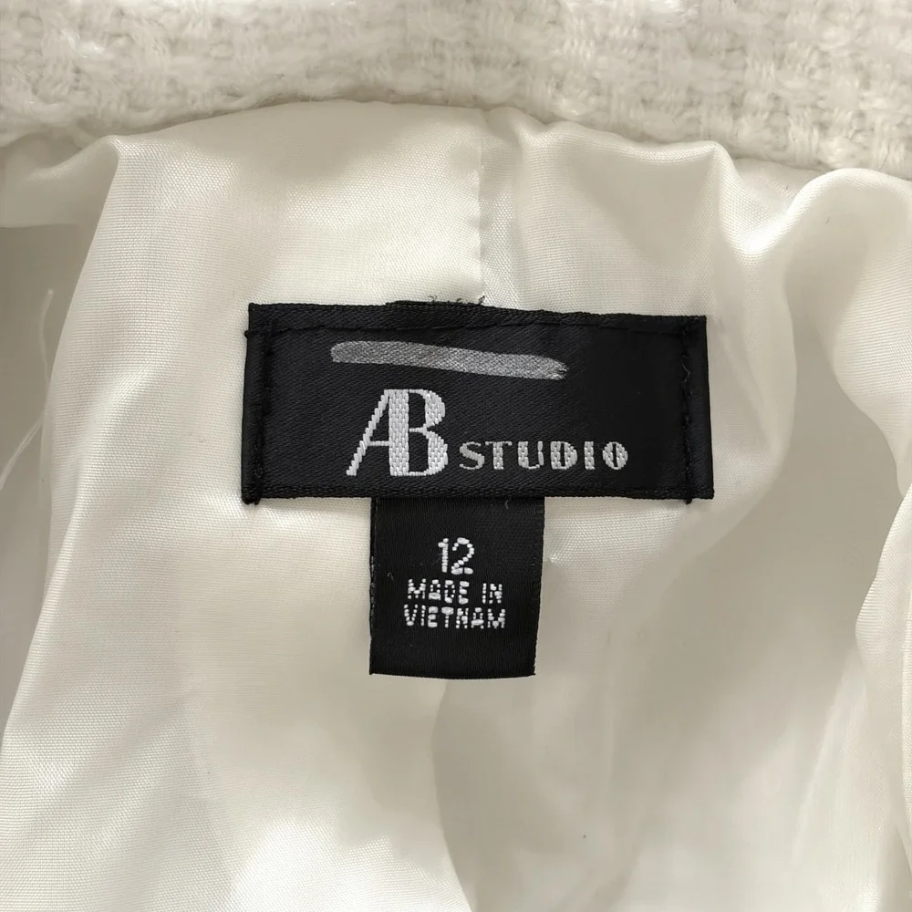 AB Studio Womens Jacket White Tweed Parisian‎ Bell Sleeve Belted Peacoat Size 12
